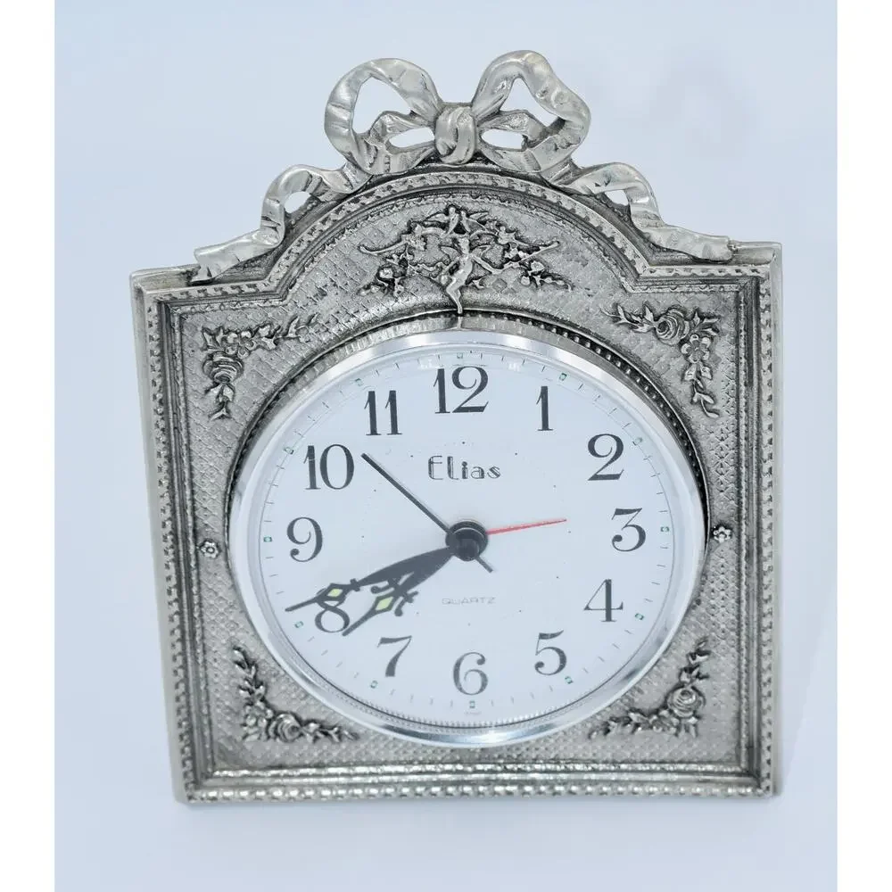 Elias-1990 Pewter 925 Fine Silver Art Nouveau Ornate Alarm Clock